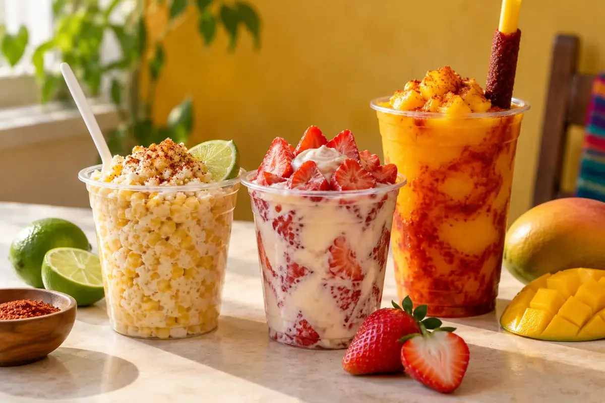Esquites, fresas con crema and a mangonada