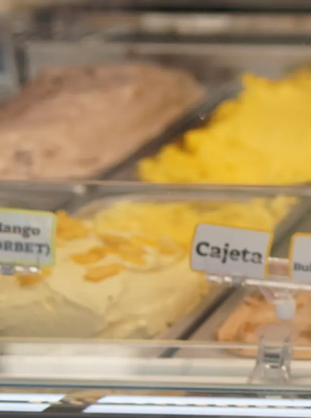 Cajeta and mango sorbet in the case